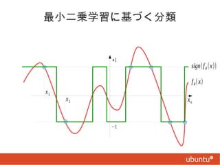 最小二乗学習に基づく分類

+1

sign(f θ (x))
f θ (x)

x1

x2

xn

−1

 