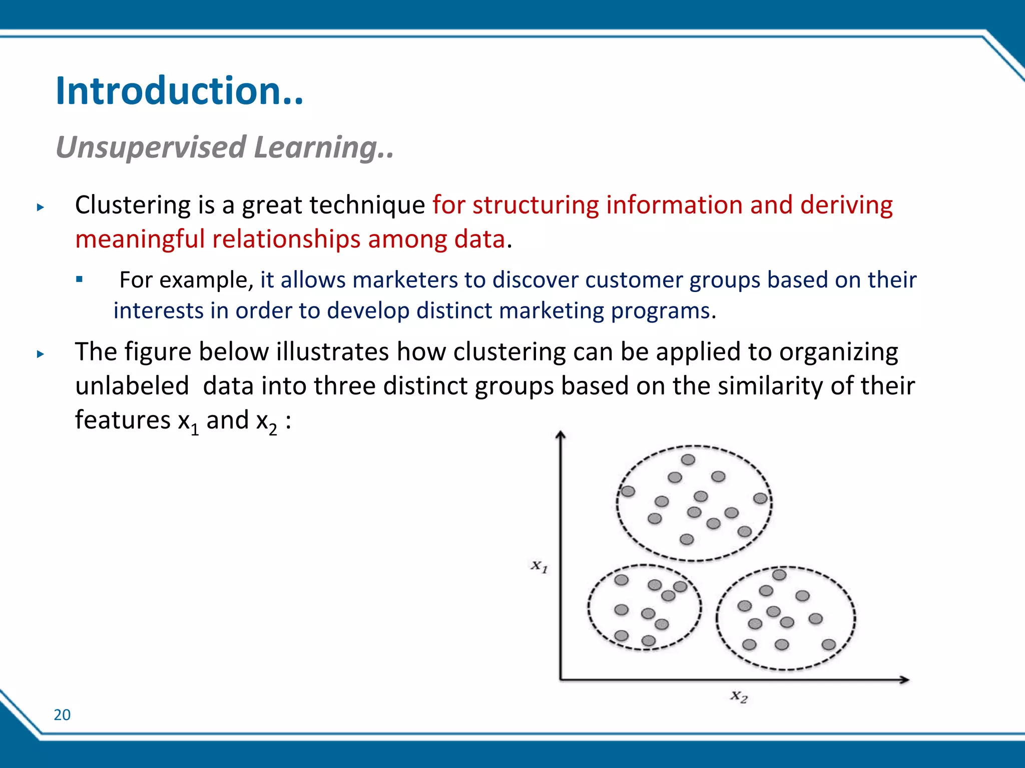 20
Introduction..
Unsupervised Learning..
▶ Clustering is a great technique for structuring information and deriving
meaningful relationships among data.
▪ For example, it allows marketers to discover customer groups based on their
interests in order to develop distinct marketing programs.
▶ The figure below illustrates how clustering can be applied to organizing
unlabeled data into three distinct groups based on the similarity of their
features x1 and x2 :
 