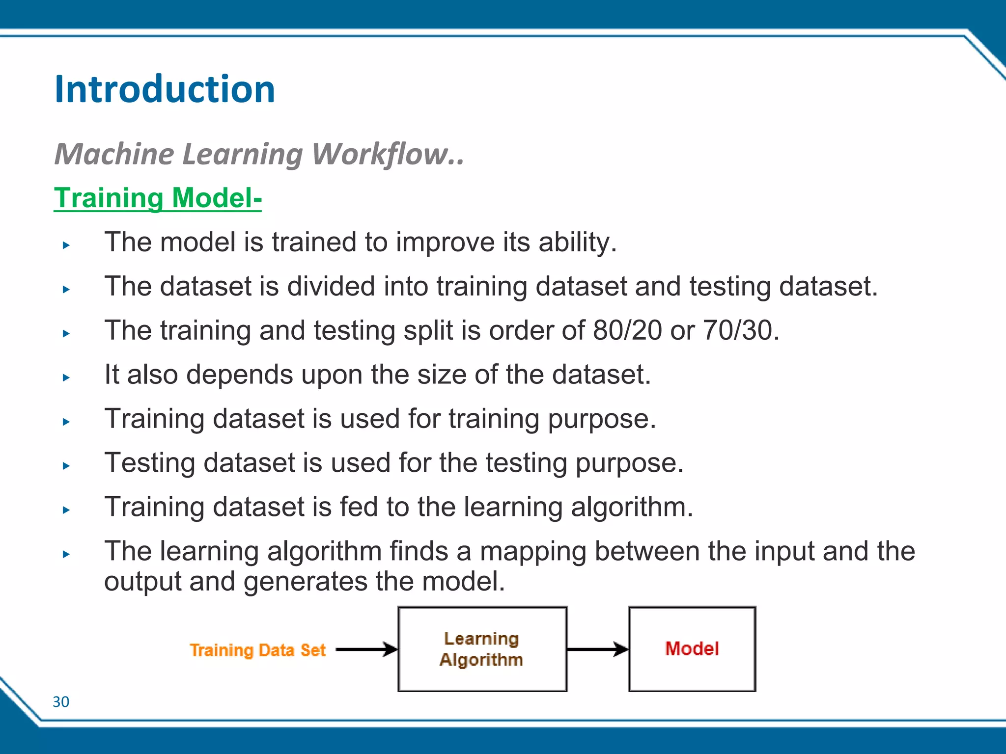 30
Introduction
Machine Learning Workflow..
Training Model-
▶ The model is trained to improve its ability.
▶ The dataset is divided into training dataset and testing dataset.
▶ The training and testing split is order of 80/20 or 70/30.
▶ It also depends upon the size of the dataset.
▶ Training dataset is used for training purpose.
▶ Testing dataset is used for the testing purpose.
▶ Training dataset is fed to the learning algorithm.
▶ The learning algorithm finds a mapping between the input and the
output and generates the model.
 