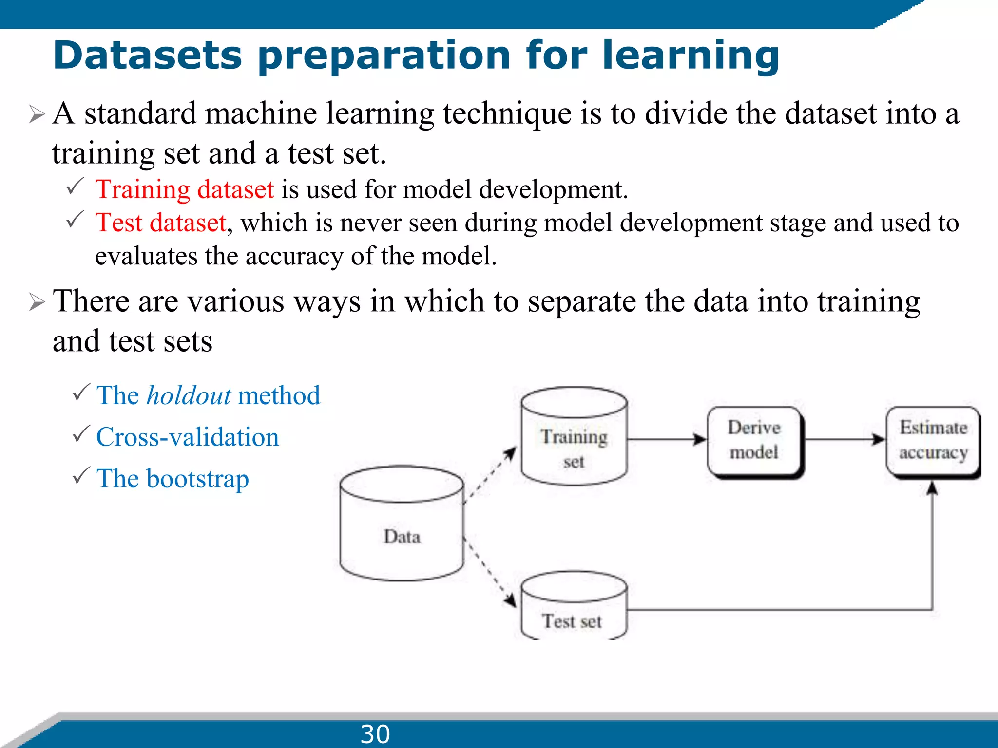 Datasets preparation for learning
A standard machine learning technique is to divide the dataset into a
training set and a test set.
 Training dataset is used for model development.
 Test dataset, which is never seen during model development stage and used to
evaluates the accuracy of the model.
 There are various ways in which to separate the data into training
and test sets
 The holdout method
 Cross-validation
 The bootstrap
30
 