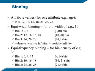 Binning
 Attribute values (for one attribute e.g., age):
 0, 4, 12, 16, 16, 18, 24, 26, 28
 Equi-width binning – for bin width of e.g., 10:
 Bin 1: 0, 4 [-,10) bin
 Bin 2: 12, 16, 16, 18 [10,20) bin
 Bin 3: 24, 26, 28 [20,+) bin
 – denote negative infinity, + positive infinity
 Equi-frequency binning – for bin density of e.g.,
3:
 Bin 1: 0, 4, 12 [-, 14) bin
 Bin 2: 16, 16, 18 [14, 21) bin
 Bin 3: 24, 26, 28 [21,+] bin
25
 