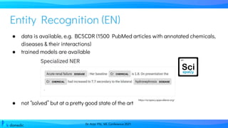 Dr. Anja Pilz, ML Conference 2021
● data is available, e.g. BC5CDR (1500 PubMed articles with annotated chemicals,
diseases & their interactions)
● trained models are available
● not “solved” but at a pretty good state of the art
Entity Recognition (EN)
https://scispacy.apps.allenai.org/
 