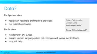 Dr. Anja Pilz, ML Conference 2021
Data?
Real patient data
● resides in hospitals and medical practices
● not publicly available
Public data
● netdoktor != Dr. B. Oss
● data in layman language does not compare well to real medical texts
● may still help
Patient: “Ich habe im
Moment keine
Blutdruckprobleme”
Doctor: “RR gut eingestellt”
 