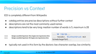 Dr. Anja Pilz, ML Conference 2021
Precision vs Context
ICD is completely different from Wikipedia
● catalog entries are precise descriptions without further context
● descriptions are not the most commonly used names
● descriptions tend to be very long: median number of words is 5, maximum is 28
● typically not used in this form by the doctors: low character overlap, low similarity
... RR 150/90...
... rezidiv. Bluthochdruck mit
Schwächegefühl...
 