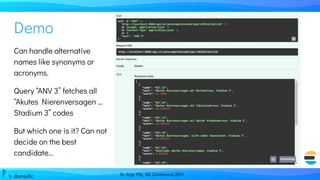Dr. Anja Pilz, ML Conference 2021
Can handle alternative
names like synonyms or
acronyms.
Query “ANV 3” fetches all
“Akutes Nierenversagen ...
Stadium 3” codes
But which one is it? Can not
decide on the best
candidate...
Demo
 