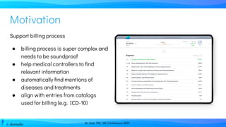 Dr. Anja Pilz, ML Conference 2021
Support billing process
● billing process is super complex and
needs to be soundproof
● help medical controllers to ﬁnd
relevant information
● automatically ﬁnd mentions of
diseases and treatments
● align with entries from catalogs
used for billing (e.g. ICD-10)
Motivation
Image damedic code
 