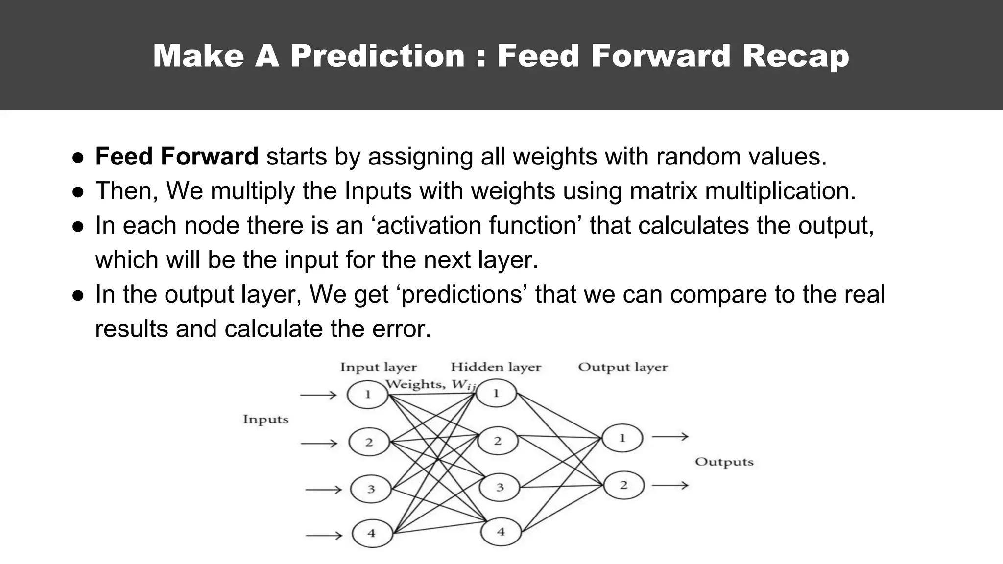Make A Prediction : Feed Forward Recap
● Feed Forward starts by assigning all weights with random values.
● Then, We multiply the Inputs with weights using matrix multiplication.
● In each node there is an ‘activation function’ that calculates the output,
which will be the input for the next layer.
● In the output layer, We get ‘predictions’ that we can compare to the real
results and calculate the error.
 
