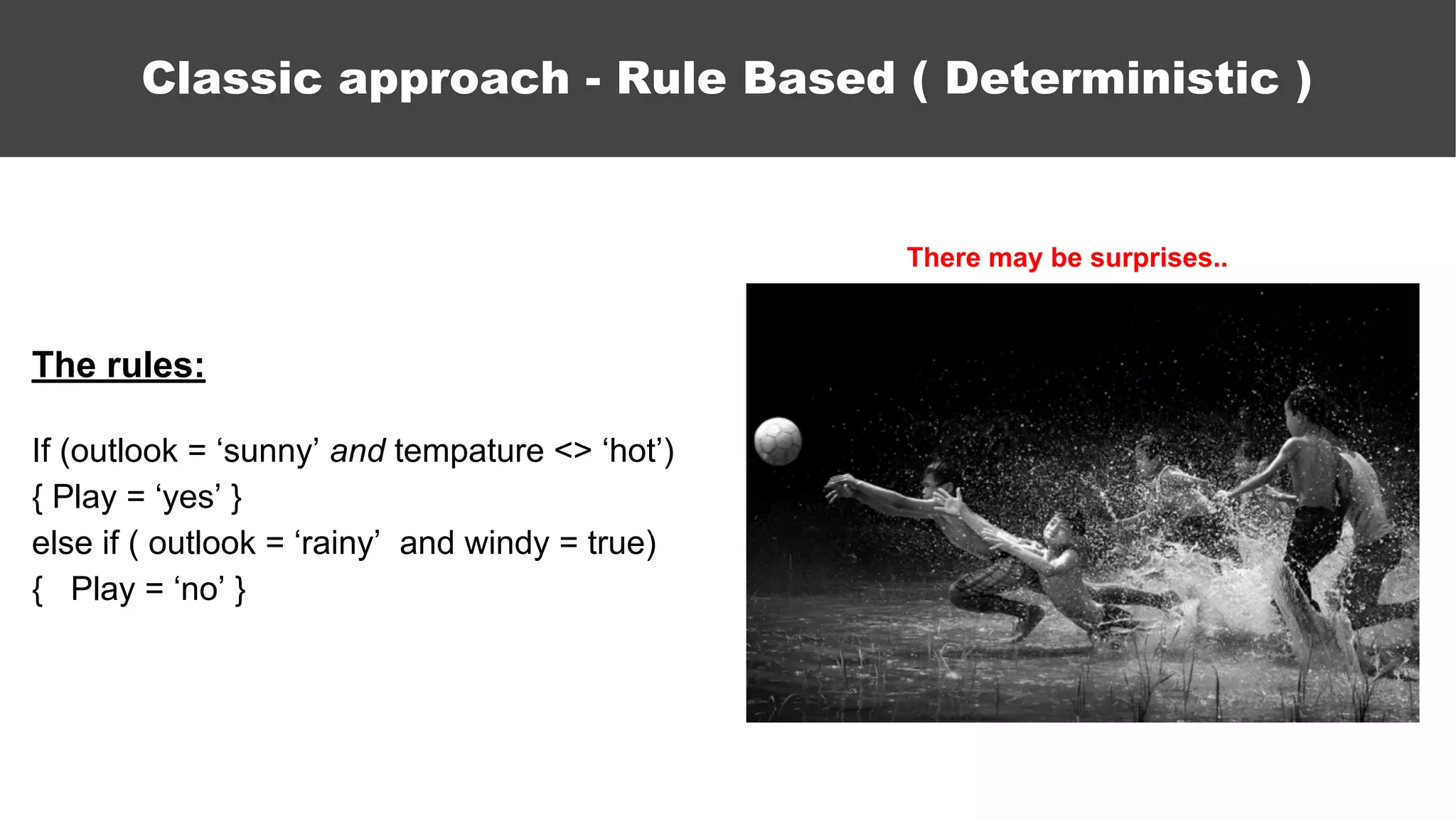 Classic approach - Rule Based ( Deterministic )
The rules:
If (outlook = ‘sunny’ and tempature <> ‘hot’)
{ Play = ‘yes’ }
else if ( outlook = ‘rainy’ and windy = true)
{ Play = ‘no’ }
There may be surprises..
 