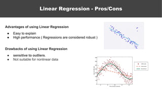 Advantages of using Linear Regression
● Easy to explain
● High performance ( Regressions are considered robust )
Drawbacks of using Linear Regression
● sensitive to outliers.
● Not suitable for nonlinear data
Linear Regression - Pros/Cons
 