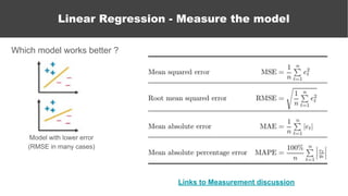 Which model works better ?
Linear Regression - Measure the model
Model with lower error
(RMSE in many cases)
Links to Measurement discussion
 