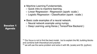 ● Machine Learning Fundamentals.
○ Quick intro to machine learning.
○ Linear Regression - Regression (spark- scala )
○ Logistic Regression - Classification (spark - scala )
● Basic code examples of a neural network.
○ Neural network example using numpy
○ Deep Learning using Keras ( TensorFlow Backend )
** Our focus is not to find the best model , but to explain the ML building blocks
and combine both theoretical and practise
** we will use the same problem and solve it with ML (scala) and DL (python)
Session 1
Agenda
 