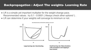 ● LR is a simple yet important multiplier for the weight change pace.
Recommended values : try 0.1 - 0.0001 ( Always check other options! ) .
● LR can determine if your weights will converge to minimum or not.
Backpropagation : Adjust The weights- Learning Rate
http://sebastianraschka.com/Articles/2015_singlelayer_neurons.html
 