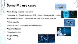 Some ML use cases
• Self driving cars and auto pilots
• Cortana, Siri, Google Assistant (NLP – Natural Language Processing)
• Recommendations - Netflix and Amazon know what you like
• Data security
• Healthcare – Computer Assisted Diagnosis
• Spam detection
• Fraud detection
• Algo-trading
• IoT
11
 
