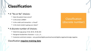 Classification
• A “Yes or No” choices:
• Does the patient have cancer?
• Is this email a SPAM?
• Is this credit card transaction – a fraud?
• Is the stock market is going up or down?
• A discrete number of choices:
• Determine age group: 0-18, 18-35, 35-60, 60+
• Recognize handwritten characters – a, b, c, d …
• Customers sentiment analysis – very positive/slightly positive/neutral/slightly negative/strongly negative.
Classification requires training data
21
Classification
(discrete number)
 