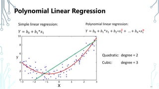 Polynomial Linear Regression
44
Simple linear regression:
𝑌 = 𝑏0 + 𝑏1*𝑥1
Polynomial linear regression:
𝑌 = 𝑏0 + 𝑏1*𝑥1 + 𝑏2∗𝑥1
𝟐
+ … + 𝑏 𝑛∗𝑥1
𝒏
Quadratic: degree = 2
Cubic: degree = 3
 
