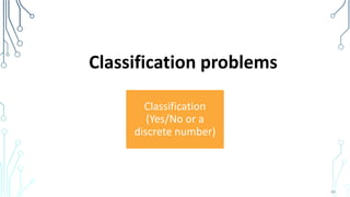 Classification problems
49
Classification
(Yes/No or a
discrete number)
 