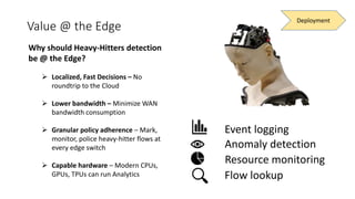 Value @ the Edge
Deployment
Event logging
Anomaly detection
Resource monitoring
Flow lookup
Why should Heavy-Hitters detection
be @ the Edge?
 Localized, Fast Decisions – No
roundtrip to the Cloud
 Lower bandwidth – Minimize WAN
bandwidth consumption
 Granular policy adherence – Mark,
monitor, police heavy-hitter flows at
every edge switch
 Capable hardware – Modern CPUs,
GPUs, TPUs can run Analytics
 