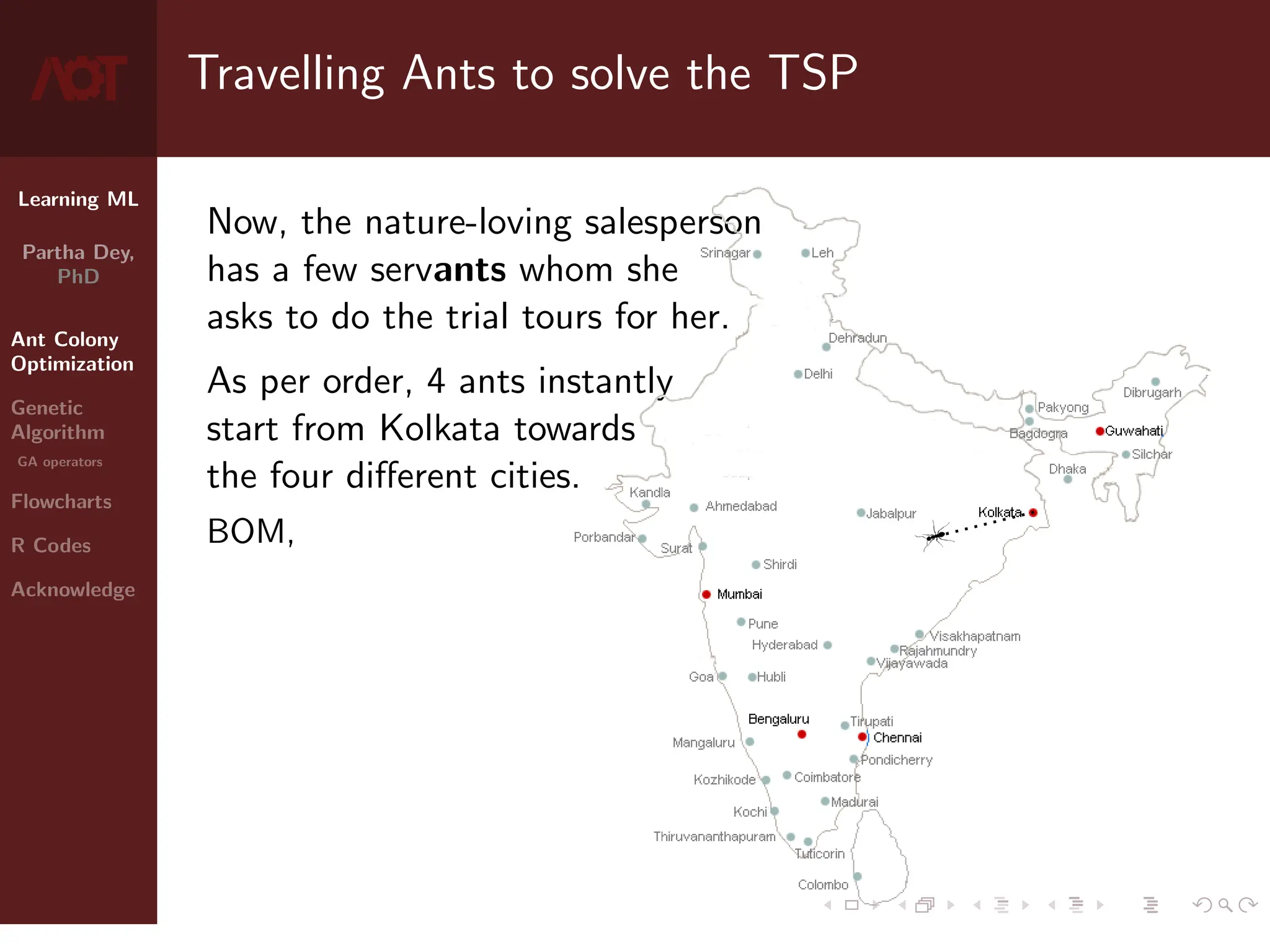 Learning ML
Partha Dey,
PhD
Ant Colony
Optimization
Genetic
Algorithm
GA operators
Flowcharts
R Codes
Acknowledge
Travelling Ants to solve the TSP
Now, the nature-loving salesperson
has a few servants whom she
asks to do the trial tours for her.
As per order, 4 ants instantly
start from Kolkata towards
the four different cities.
BOM,
4 / 10
 