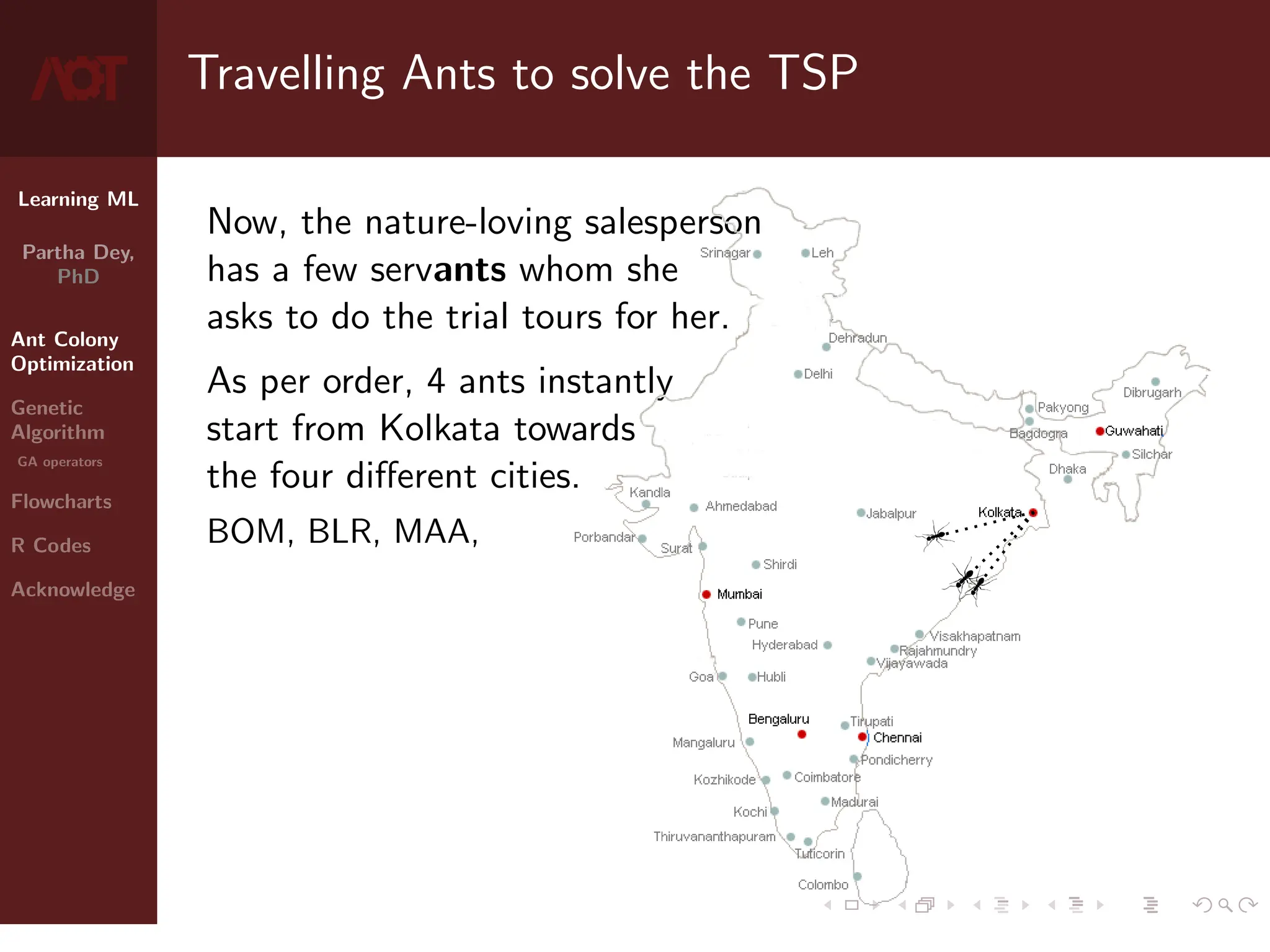 Learning ML
Partha Dey,
PhD
Ant Colony
Optimization
Genetic
Algorithm
GA operators
Flowcharts
R Codes
Acknowledge
Travelling Ants to solve the TSP
Now, the nature-loving salesperson
has a few servants whom she
asks to do the trial tours for her.
As per order, 4 ants instantly
start from Kolkata towards
the four different cities.
BOM, BLR, MAA,
4 / 10
 