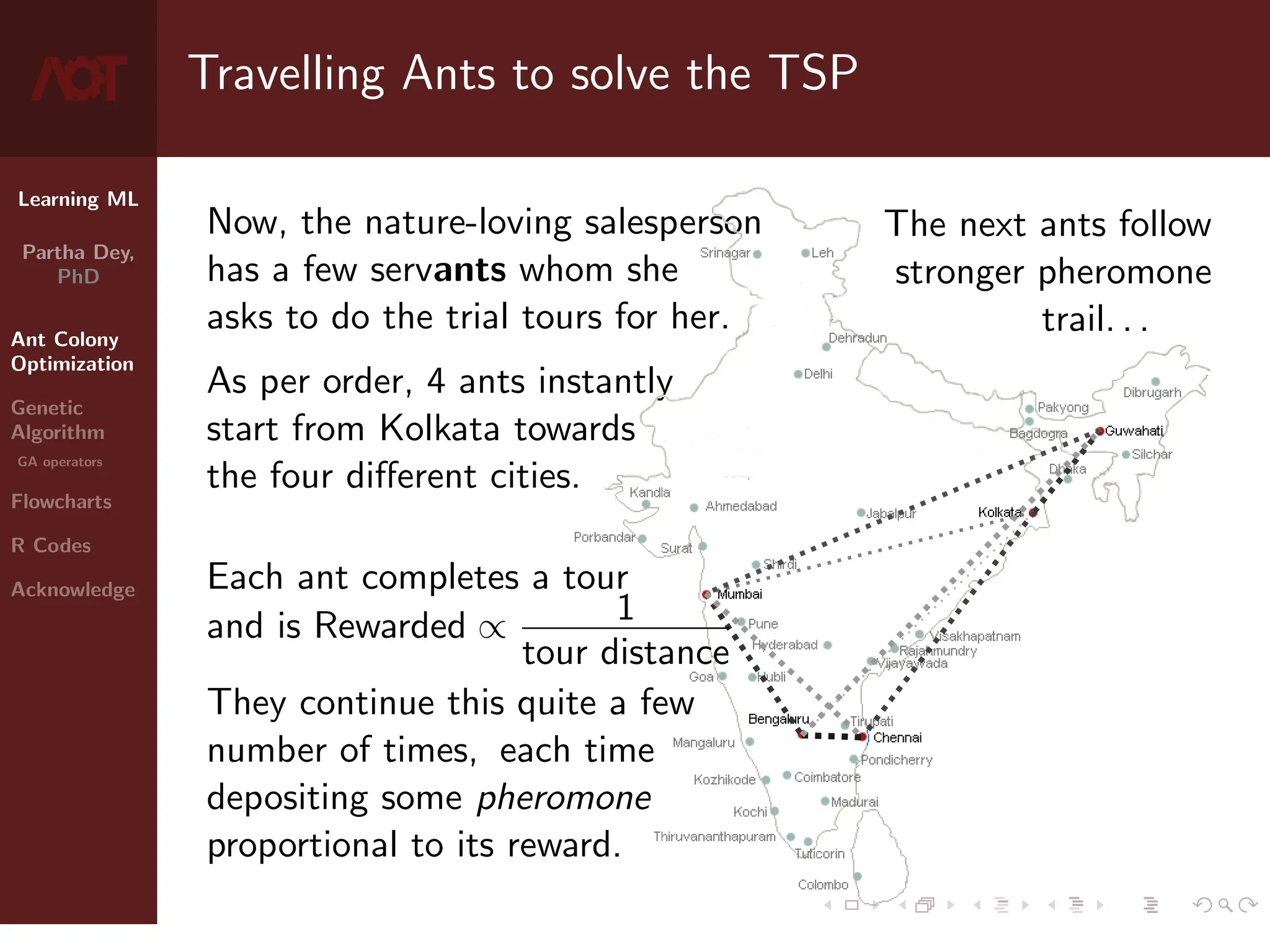Learning ML
Partha Dey,
PhD
Ant Colony
Optimization
Genetic
Algorithm
GA operators
Flowcharts
R Codes
Acknowledge
Travelling Ants to solve the TSP
Now, the nature-loving salesperson
has a few servants whom she
asks to do the trial tours for her.
As per order, 4 ants instantly
start from Kolkata towards
the four different cities.
Each ant completes a tour
and is Rewarded ∝ 1
tour distance
They continue this quite a few
number of times, each time
depositing some pheromone
proportional to its reward.
The next ants follow
stronger pheromone
trail. . .
4 / 10
 