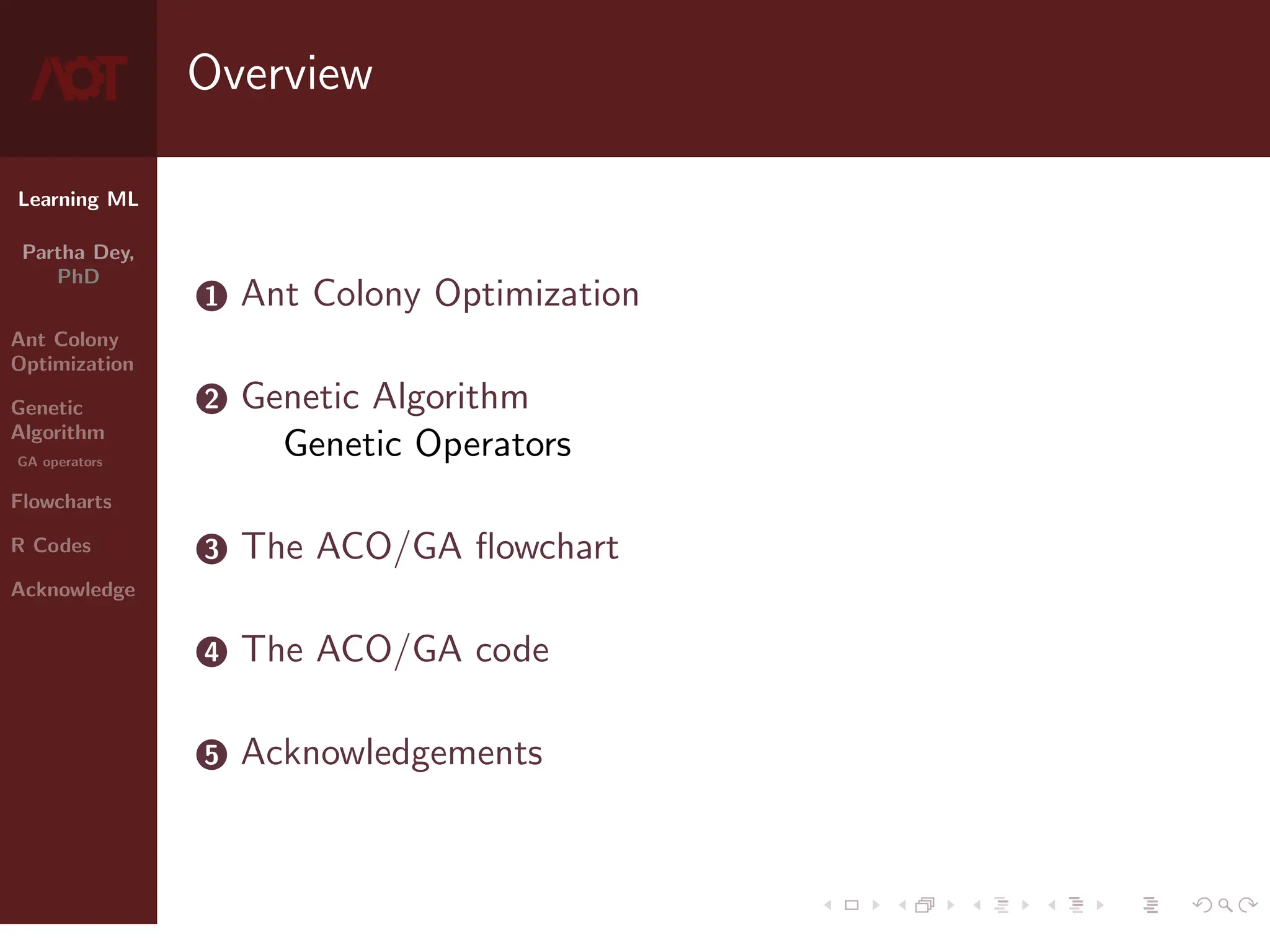 Learning ML
Partha Dey,
PhD
Ant Colony
Optimization
Genetic
Algorithm
GA operators
Flowcharts
R Codes
Acknowledge
Overview
1 Ant Colony Optimization
2 Genetic Algorithm
Genetic Operators
3 The ACO/GA flowchart
4 The ACO/GA code
5 Acknowledgements
2 / 10
 