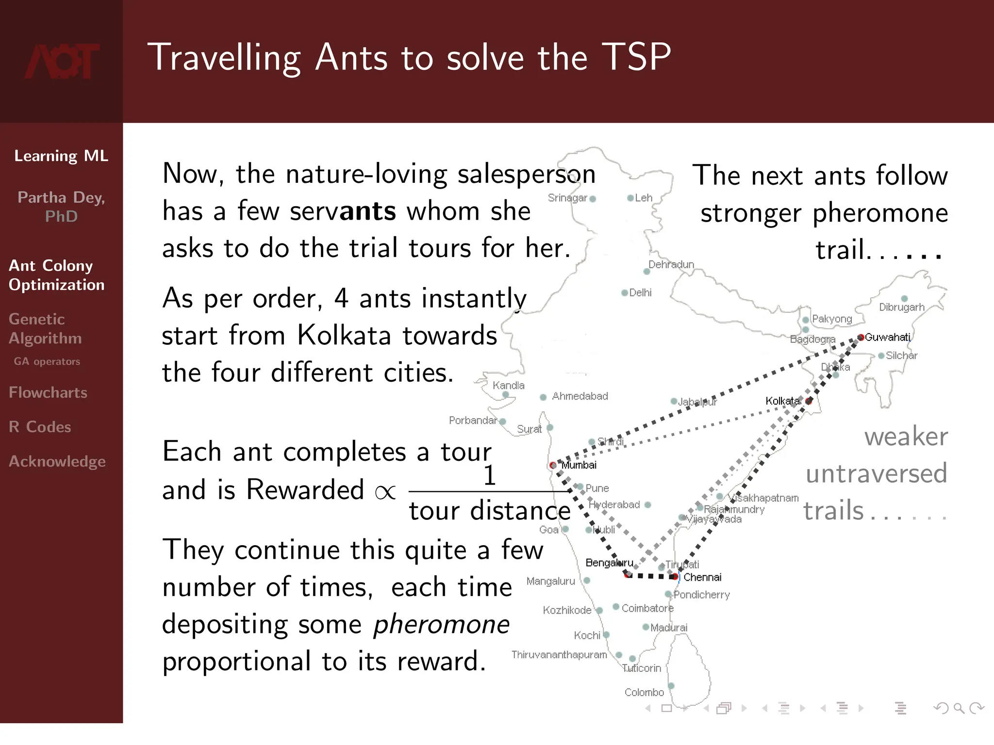 Learning ML
Partha Dey,
PhD
Ant Colony
Optimization
Genetic
Algorithm
GA operators
Flowcharts
R Codes
Acknowledge
Travelling Ants to solve the TSP
Now, the nature-loving salesperson
has a few servants whom she
asks to do the trial tours for her.
As per order, 4 ants instantly
start from Kolkata towards
the four different cities.
Each ant completes a tour
and is Rewarded ∝ 1
tour distance
They continue this quite a few
number of times, each time
depositing some pheromone
proportional to its reward.
The next ants follow
stronger pheromone
trail. . . . . .
weaker
untraversed
trails . . . . . .
4 / 10
 