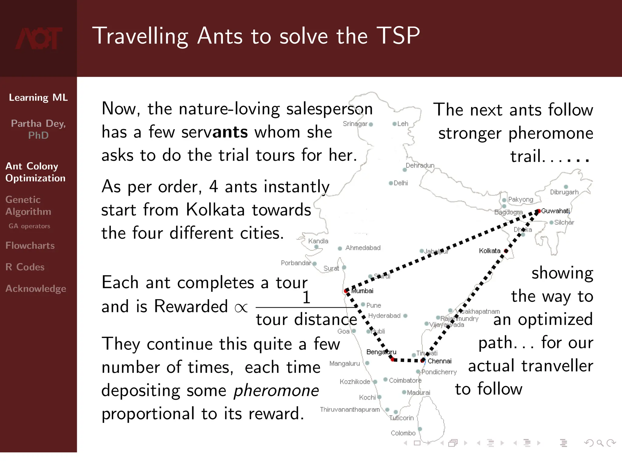 Learning ML
Partha Dey,
PhD
Ant Colony
Optimization
Genetic
Algorithm
GA operators
Flowcharts
R Codes
Acknowledge
Travelling Ants to solve the TSP
Now, the nature-loving salesperson
has a few servants whom she
asks to do the trial tours for her.
As per order, 4 ants instantly
start from Kolkata towards
the four different cities.
Each ant completes a tour
and is Rewarded ∝ 1
tour distance
They continue this quite a few
number of times, each time
depositing some pheromone
proportional to its reward.
The next ants follow
stronger pheromone
trail. . . . . .
showing
the way to
an optimized
path. . . for our
actual tranveller
to follow
4 / 10
 