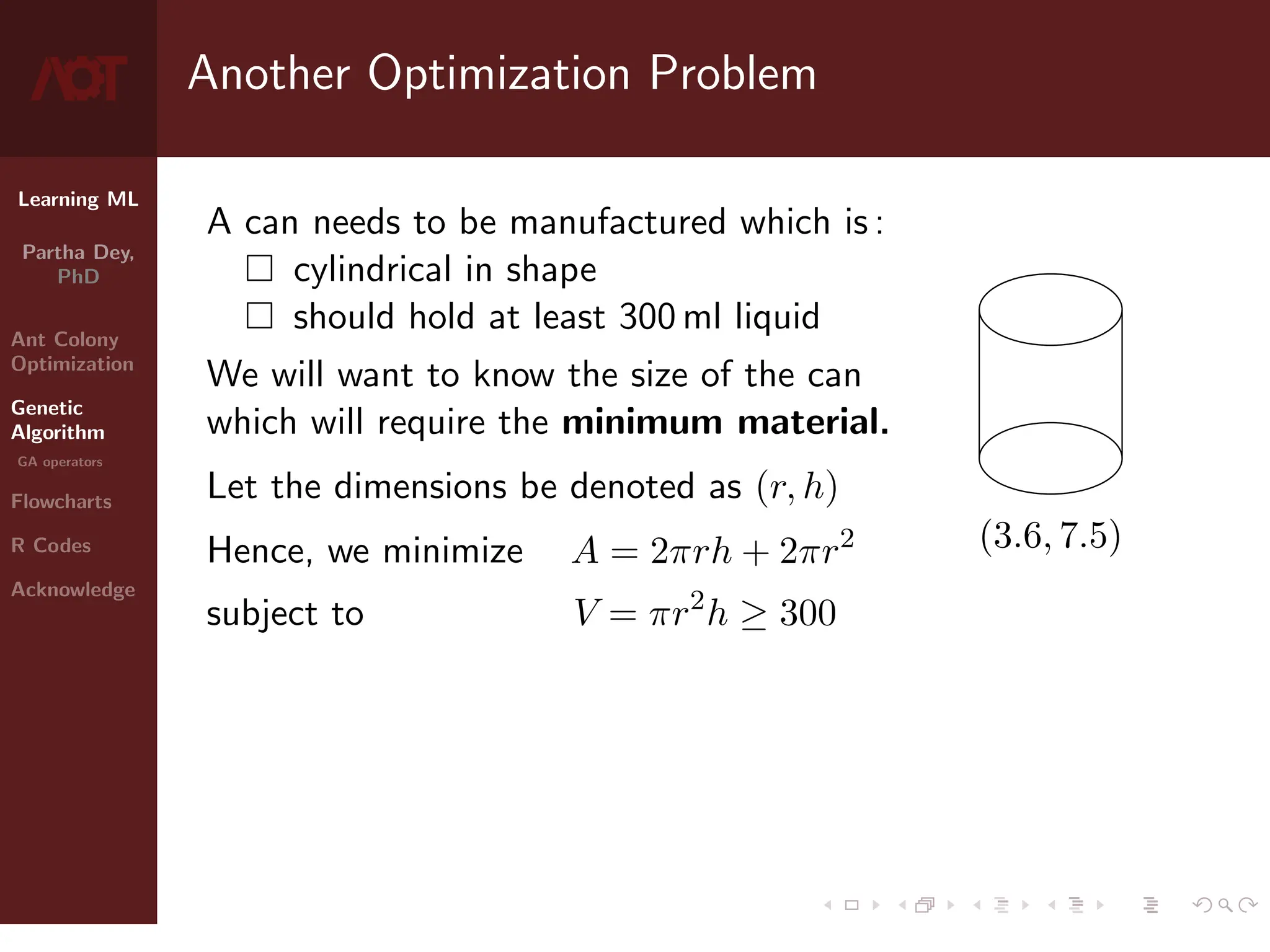 Learning ML
Partha Dey,
PhD
Ant Colony
Optimization
Genetic
Algorithm
GA operators
Flowcharts
R Codes
Acknowledge
Another Optimization Problem
A can needs to be manufactured which is :
 cylindrical in shape
 should hold at least 300 ml liquid
We will want to know the size of the can
which will require the minimum material.
Let the dimensions be denoted as (r, h)
(3.6, 7.5)
Hence, we minimize A = 2πrh + 2πr2
subject to V = πr2
h ≥ 300
5 / 10
 