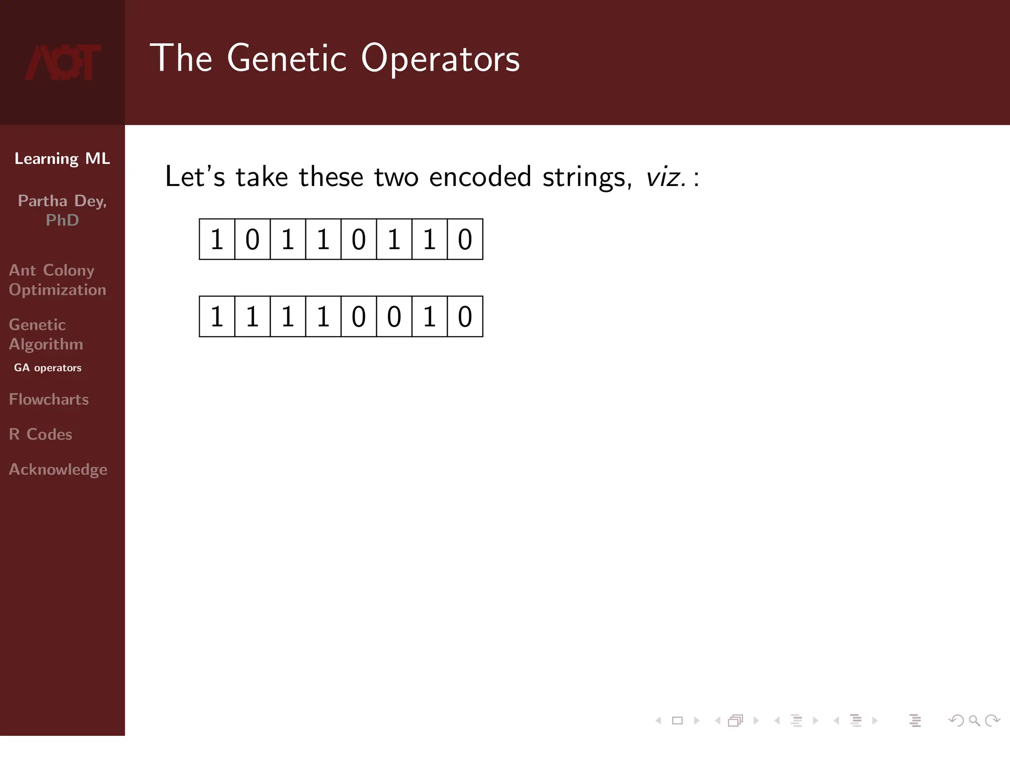 Learning ML
Partha Dey,
PhD
Ant Colony
Optimization
Genetic
Algorithm
GA operators
Flowcharts
R Codes
Acknowledge
The Genetic Operators
Let’s take these two encoded strings, viz. :
1 0 1 1 0 1 1 0
1 1 1 1 0 0 1 0
7 / 10
 