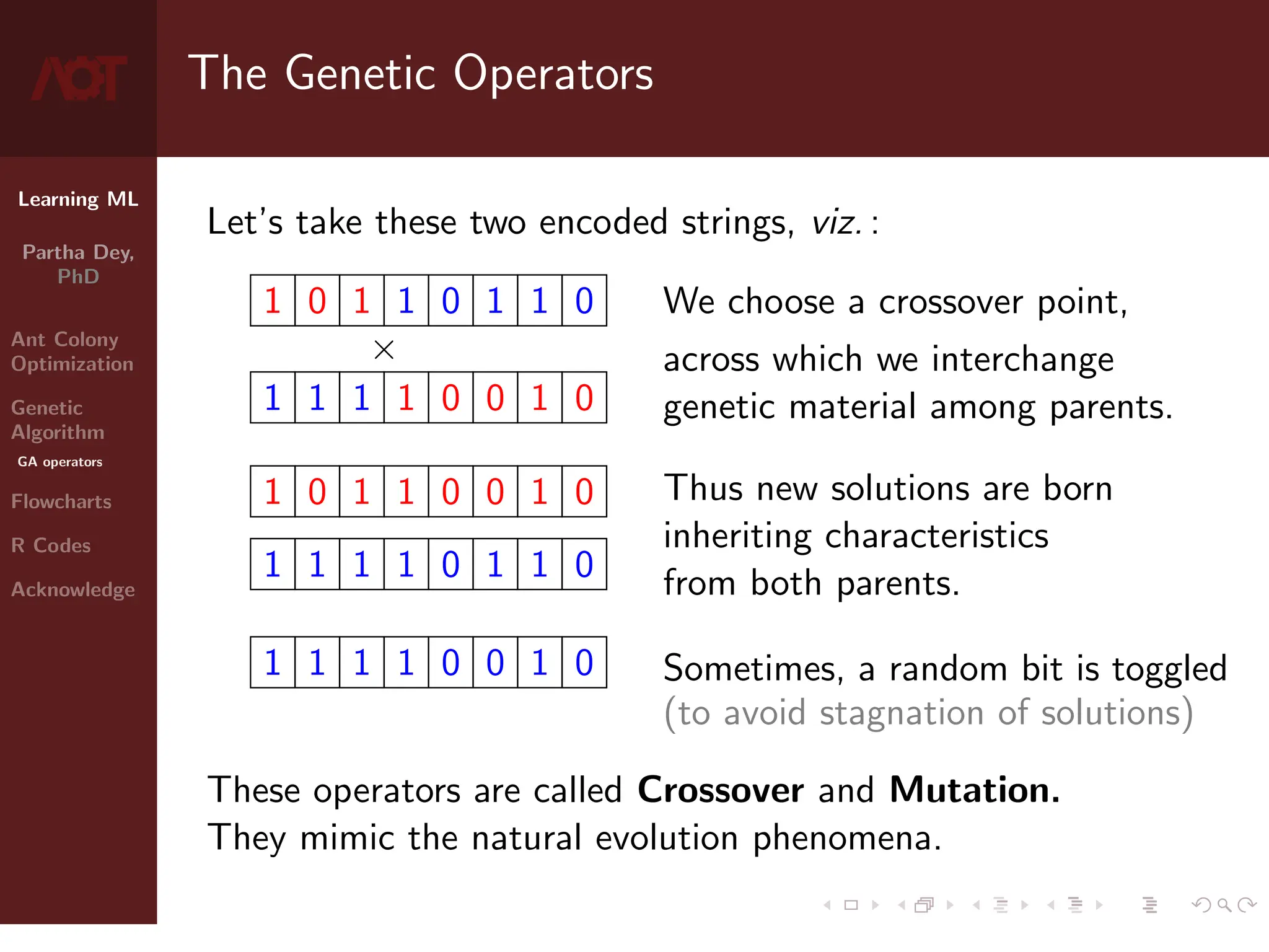Learning ML
Partha Dey,
PhD
Ant Colony
Optimization
Genetic
Algorithm
GA operators
Flowcharts
R Codes
Acknowledge
The Genetic Operators
Let’s take these two encoded strings, viz. :
1 0 1 1 0 1 1 0
×
1 1 1 1 0 0 1 0
1 0 1 1 0 0 1 0
1 1 1 1 0 1 1 0
1 1 1 1 0 0 1 0
We choose a crossover point,
across which we interchange
genetic material among parents.
Thus new solutions are born
inheriting characteristics
from both parents.
Sometimes, a random bit is toggled
(to avoid stagnation of solutions)
These operators are called Crossover and Mutation.
They mimic the natural evolution phenomena.
7 / 10
 
