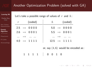 Learning ML
Partha Dey,
PhD
Ant Colony
Optimization
Genetic
Algorithm
GA operators
Flowcharts
R Codes
Acknowledge
Another Optimization Problem (solved with GA)
Let’s take a possible range of values of r and h :
r (coded) | h (coded)
2.5 7→ 0 0 0 0 | 5.0 7→ 0 0 0 0
2.6 7→ 0 0 0 1 | 5.5 7→ 0 0 0 1
... 7→ ... ... | ... 7→ ... ...
4.0 7→ 1 1 1 1 | 12.5 7→ 1 1 1 1
or, say (4, 6) would be encoded as :
1 1 1 1 | 0 0 1 0
6 / 10
 