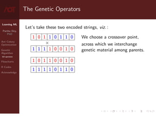 Learning ML
Partha Dey,
PhD
Ant Colony
Optimization
Genetic
Algorithm
GA operators
Flowcharts
R Codes
Acknowledge
The Genetic Operators
Let’s take these two encoded strings, viz. :
1 0 1 1 0 1 1 0
×
1 1 1 1 0 0 1 0
1 0 1 1 0 0 1 0
1 1 1 1 0 1 1 0
We choose a crossover point,
across which we interchange
genetic material among parents.
7 / 10
 