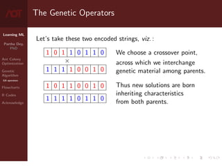 Learning ML
Partha Dey,
PhD
Ant Colony
Optimization
Genetic
Algorithm
GA operators
Flowcharts
R Codes
Acknowledge
The Genetic Operators
Let’s take these two encoded strings, viz. :
1 0 1 1 0 1 1 0
×
1 1 1 1 0 0 1 0
1 0 1 1 0 0 1 0
1 1 1 1 0 1 1 0
We choose a crossover point,
across which we interchange
genetic material among parents.
Thus new solutions are born
inheriting characteristics
from both parents.
7 / 10
 