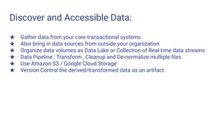 Discover and Accessible Data:
★ Gather data from your core transactional systems
★ Also bring in data sources from outside your organization
★ Organize data volumes as Data Lake or Collection of Real-time data streams
★ Data Pipeline : Transform , Cleanup and De-normalize multiple ﬁles
★ Use Amazon S3 / Google Cloud Storage
★ Version Control the derived/transformed data as an artifact.
 