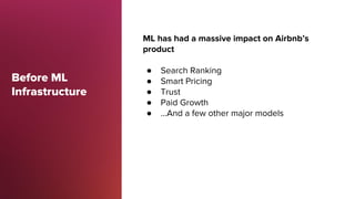 Before ML
Infrastructure
ML has had a massive impact on Airbnb’s
product
● Search Ranking
● Smart Pricing
● Trust
● Paid G...