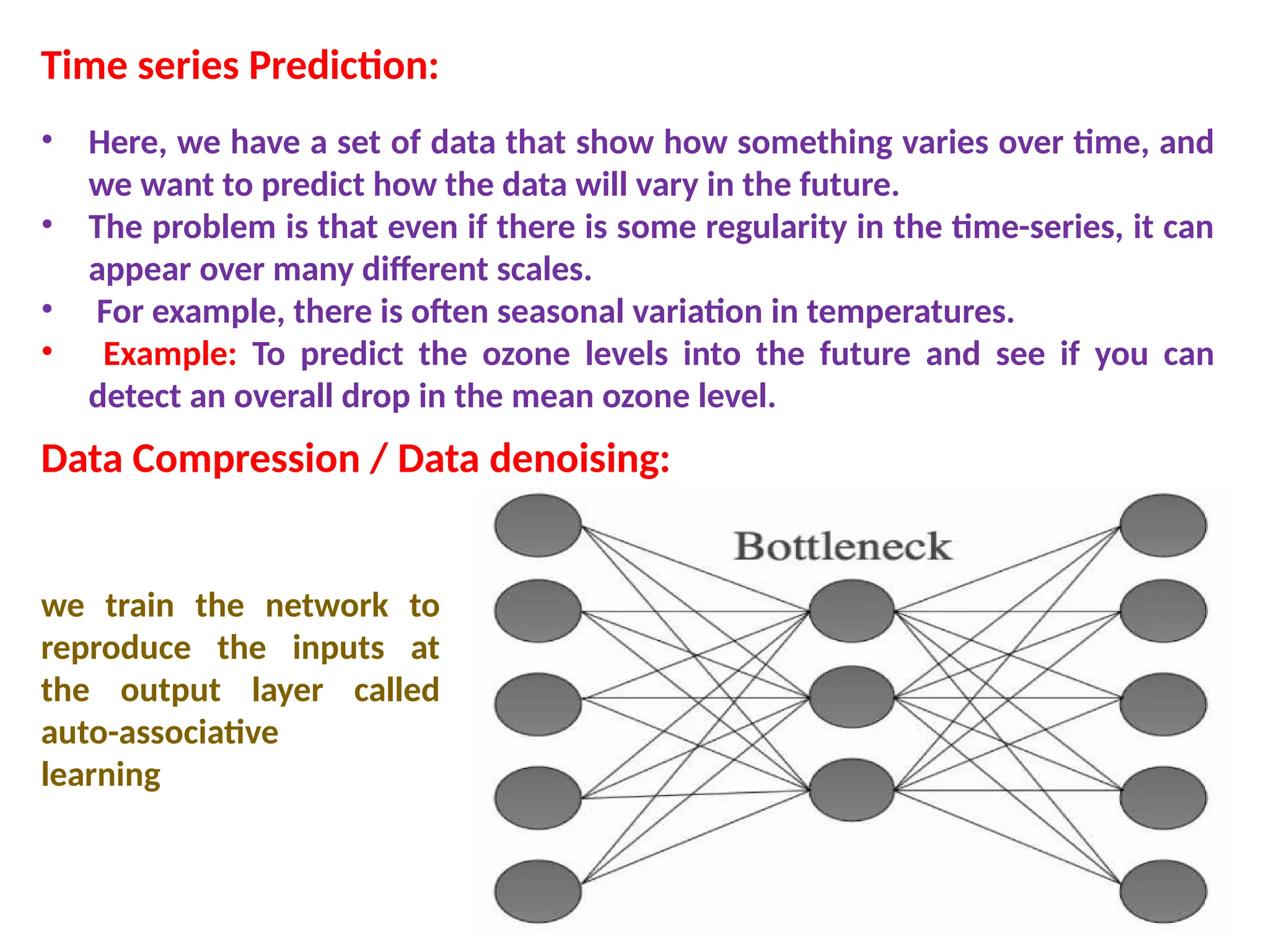 Time series Prediction:
&bull; Here, we have a set of data that show how something varies over time, and
we want to predict how the data will vary in the future.
&bull; The problem is that even if there is some regularity in the time-series, it can
appear over many different scales.
&bull; For example, there is often seasonal variation in temperatures.
&bull; Example: To predict the ozone levels into the future and see if you can
detect an overall drop in the mean ozone level.
Data Compression / Data denoising:
we train the network to
reproduce the inputs at
the output layer called
auto-associative
learning
 