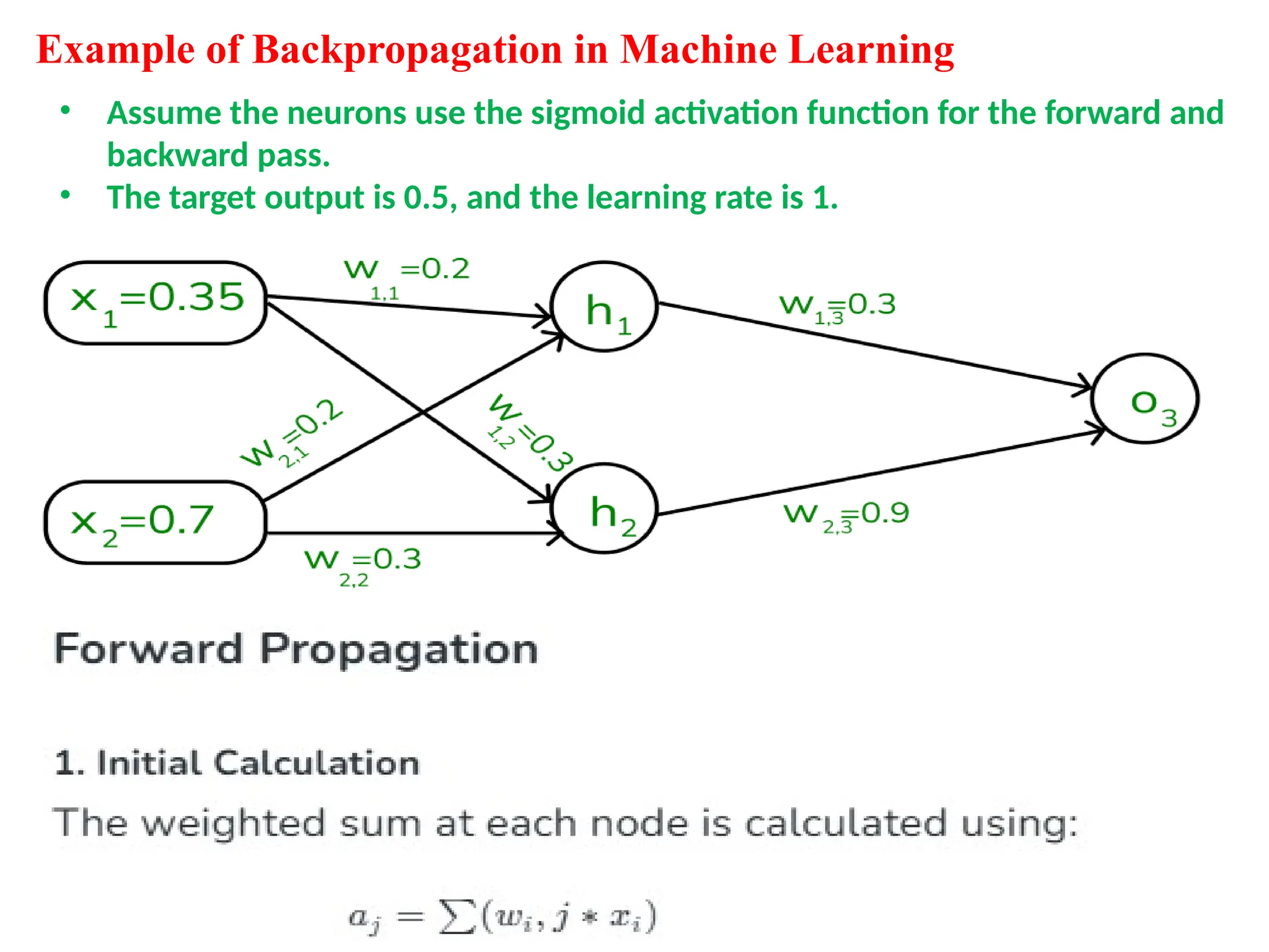 Example of Backpropagation in Machine Learning
&bull; Assume the neurons use the sigmoid activation function for the forward and
backward pass.
&bull; The target output is 0.5, and the learning rate is 1.
 