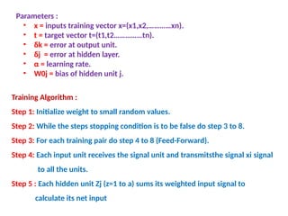 Parameters :
• x = inputs training vector x=(x1,x2,…………xn).
• t = target vector t=(t1,t2……………tn).
• δk = error at output unit.
• δj = error at hidden layer.
• α = learning rate.
• W0j = bias of hidden unit j.
Training Algorithm :
Step 1: Initialize weight to small random values.
Step 2: While the steps stopping condition is to be false do step 3 to 8.
Step 3: For each training pair do step 4 to 8 (Feed-Forward).
Step 4: Each input unit receives the signal unit and transmitsthe signal xi signal
to all the units.
Step 5 : Each hidden unit Zj (z=1 to a) sums its weighted input signal to
calculate its net input
 