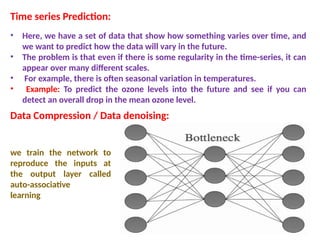 Time series Prediction:
• Here, we have a set of data that show how something varies over time, and
we want to predict how the data will vary in the future.
• The problem is that even if there is some regularity in the time-series, it can
appear over many different scales.
• For example, there is often seasonal variation in temperatures.
• Example: To predict the ozone levels into the future and see if you can
detect an overall drop in the mean ozone level.
Data Compression / Data denoising:
we train the network to
reproduce the inputs at
the output layer called
auto-associative
learning
 