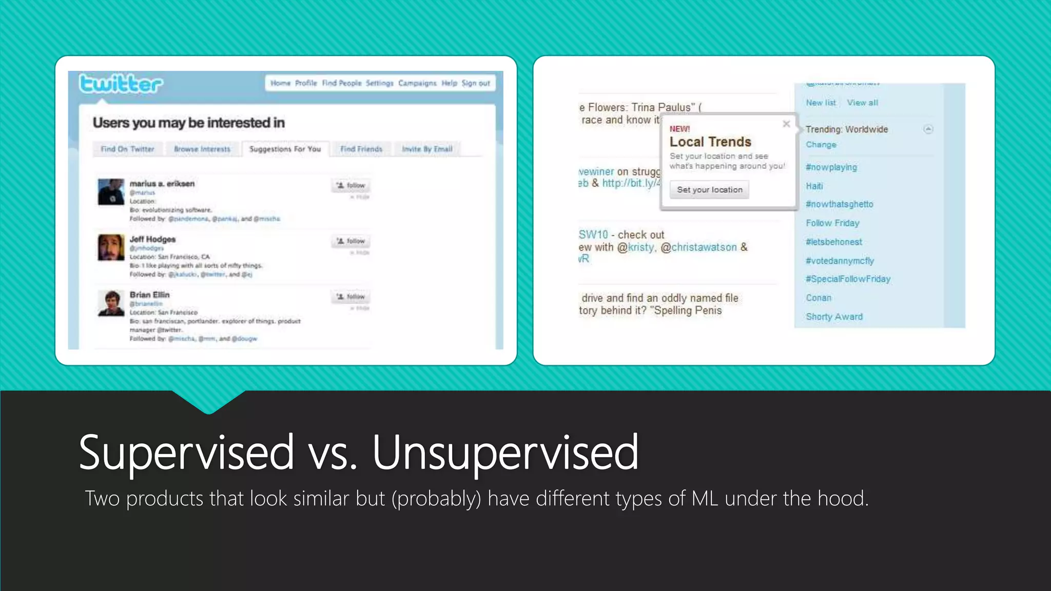 Supervised vs. Unsupervised
Two products that look similar but (probably) have different types of ML under the hood.
 