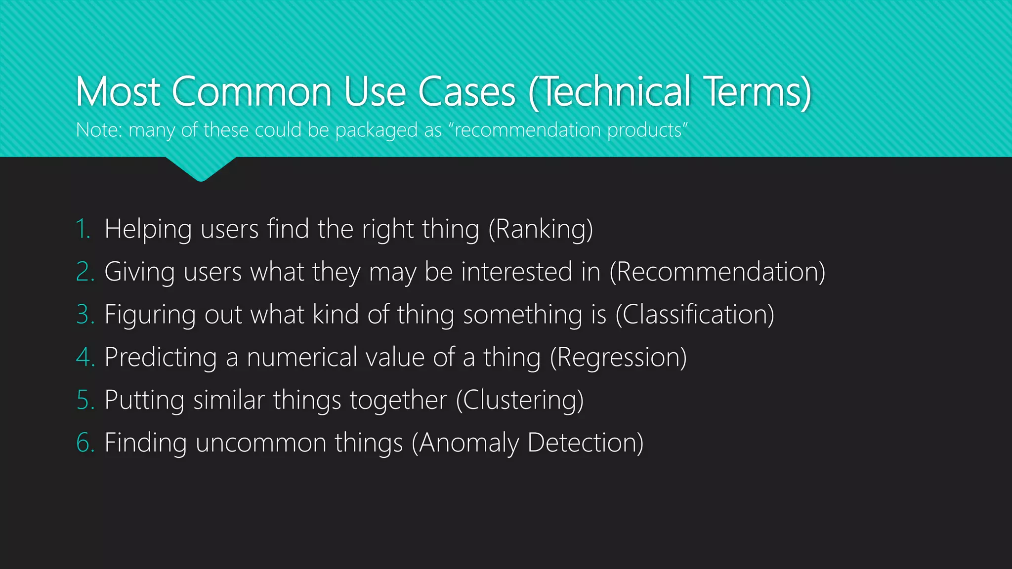Most Common Use Cases (Technical Terms)
1. Helping users find the right thing (Ranking)
2. Giving users what they may be interested in (Recommendation)
3. Figuring out what kind of thing something is (Classification)
4. Predicting a numerical value of a thing (Regression)
5. Putting similar things together (Clustering)
6. Finding uncommon things (Anomaly Detection)
Note: many of these could be packaged as “recommendation products”
 