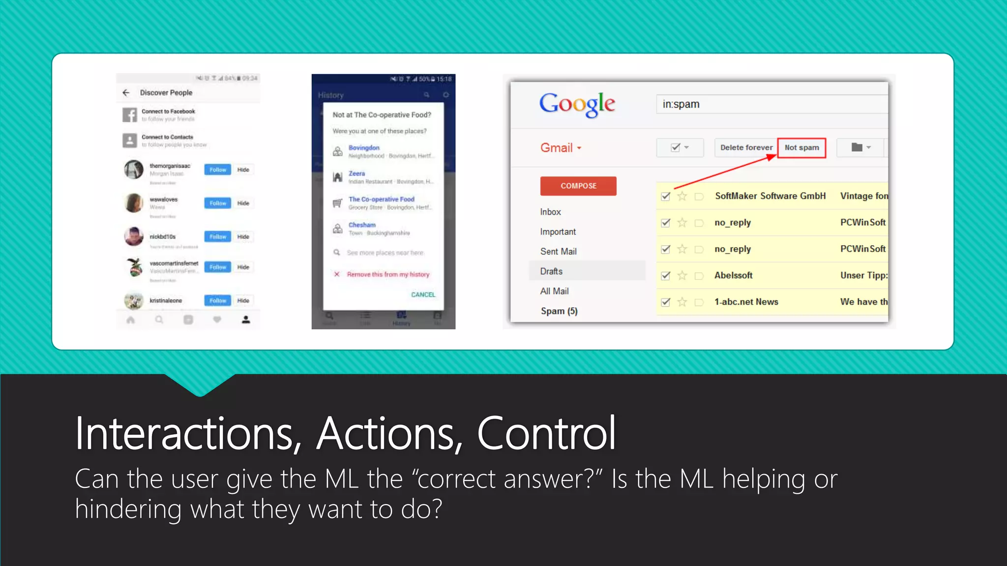Interactions, Actions, Control
Can the user give the ML the “correct answer?” Is the ML helping or
hindering what they want to do?
 