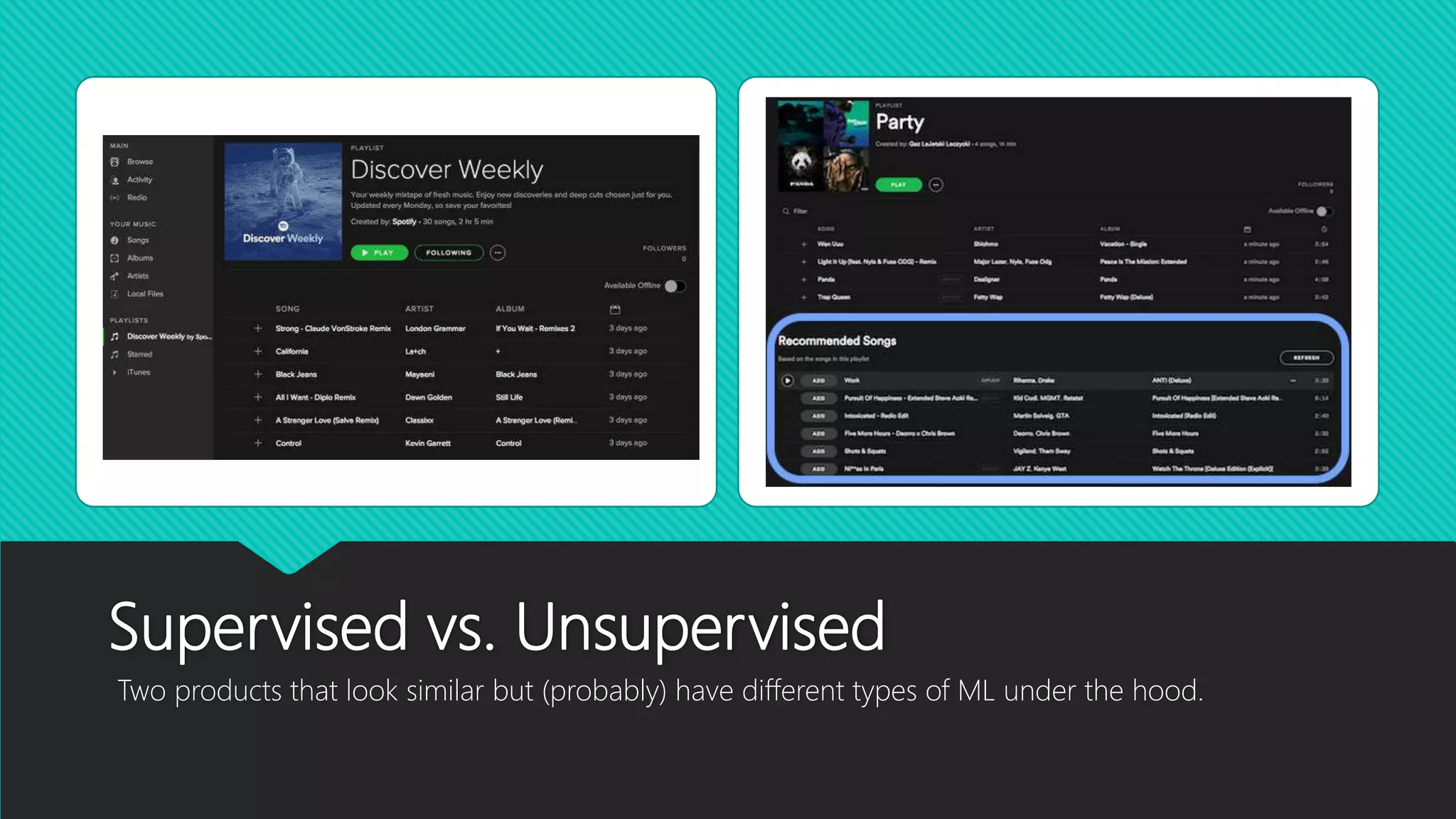 Supervised vs. Unsupervised
Two products that look similar but (probably) have different types of ML under the hood.
 