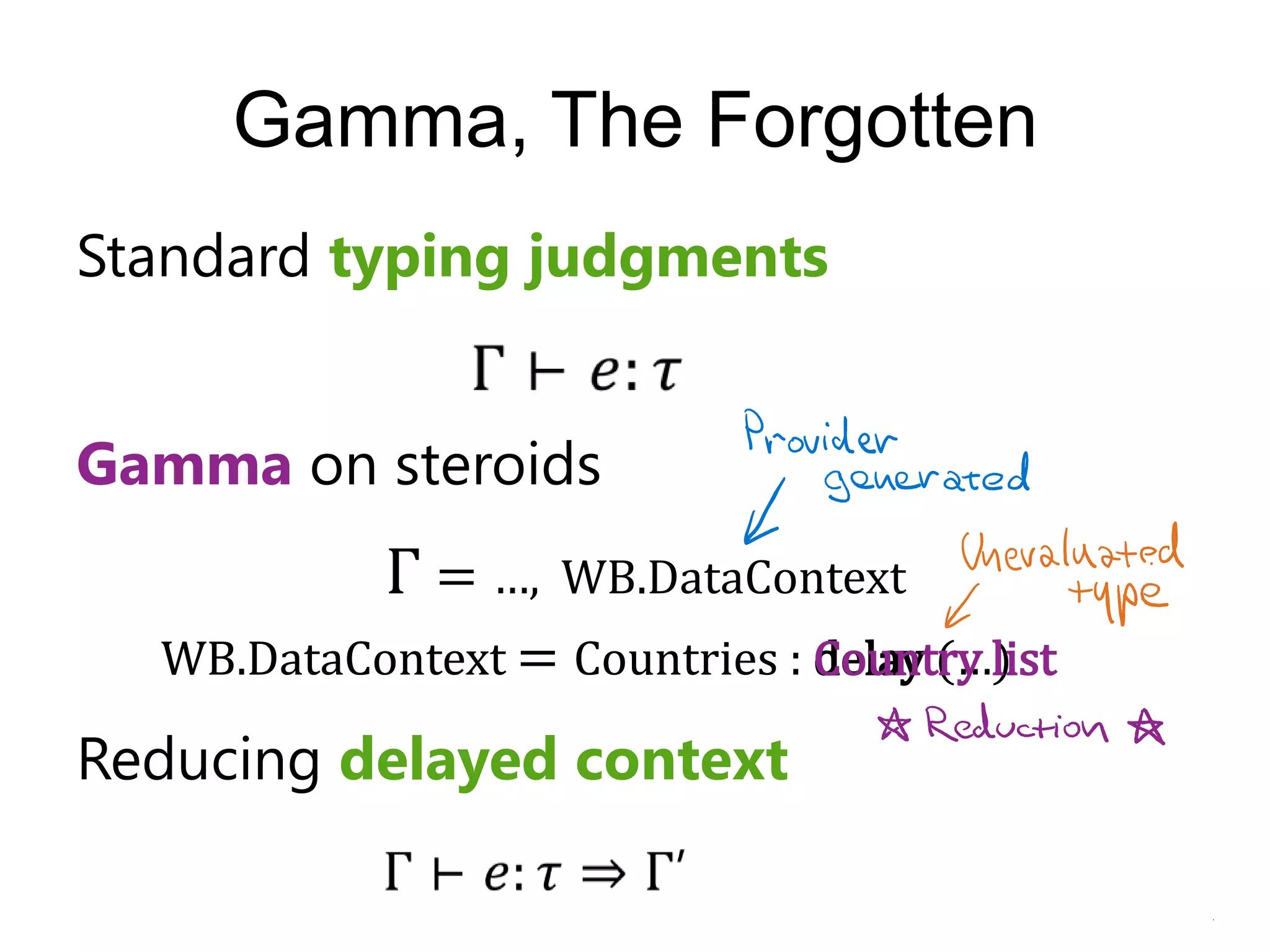 Gamma, The Forgotten
Standard typing judgments


Gamma on steroids
            Γ = …,   WB.DataContext
  WB.DataContext = Countries : delay (…)
                               Country list

Reducing delayed context
 