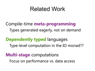 Related Work

Compile-time meta-programming
 Types generated eagerly, not on demand

Dependently typed languages
 Type-level computation in the IO monad??

Multi-stage computations
 Focus on performance vs. data access
 