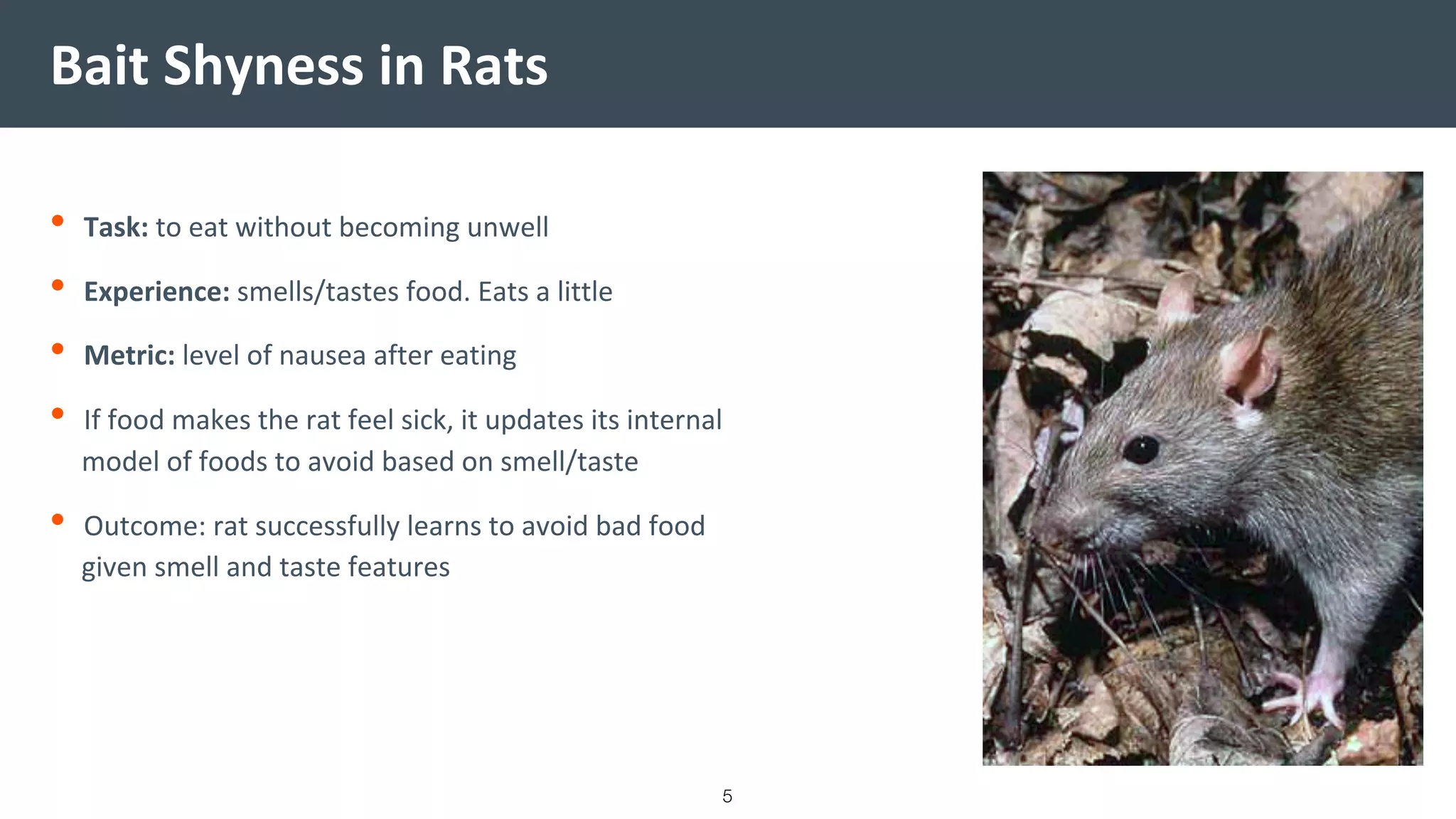Bait Shyness in Rats
• Task: to eat without becoming unwell
• Experience: smells/tastes food. Eats a little
• Metric: level of nausea after eating
• If food makes the rat feel sick, it updates its internal
model of foods to avoid based on smell/taste
• Outcome: rat successfully learns to avoid bad food
given smell and taste features
5
 