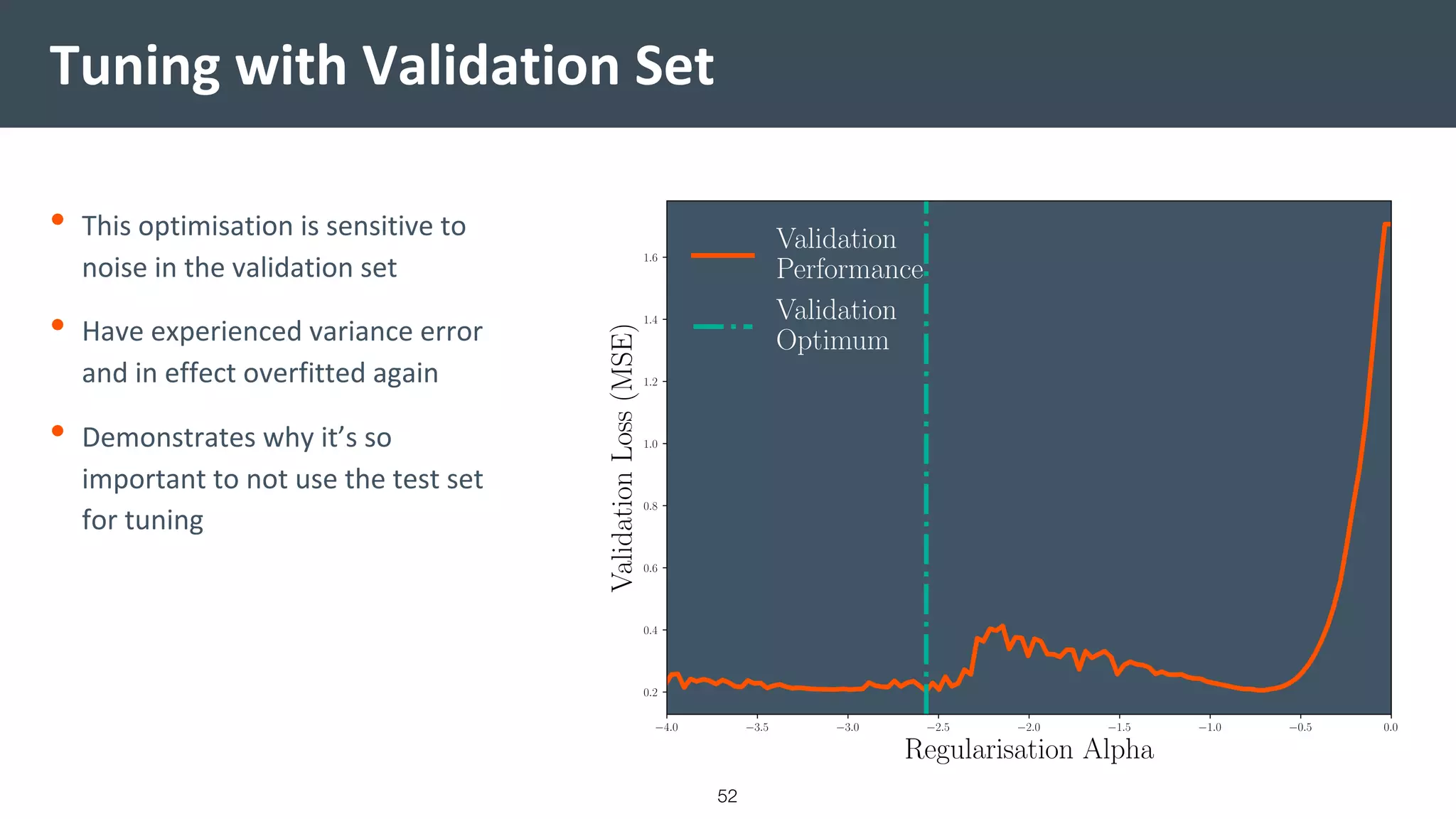Tuning with Validation Set
• This optimisation is sensitive to
noise in the validation set
• Have experienced variance error
and in effect overfitted again
• Demonstrates why it’s so
important to not use the test set
for tuning
52
 