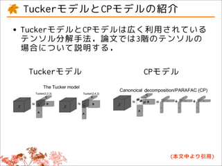 TuckerモデルとCPモデルの紹介
• TuckerモデルとCPモデルは広く利用されている
  テンソル分解手法．論文では3階のテンソルの
      場合について説明する．

             Tuckerモデル
    WIREs Data Mining and Knowledge Discovery
                                                                                                                CPモデル
                                                                    Applications of tensor (multiway array) factorizations and decompositions in data mining
                                                                                          WIREs Data Mining and Knowledge Discovery                            Applications o

                                                                              multiplication by orthogonal/orthonormal matrices
                                                                              Q, R, and S. Using the n-mode matricizing and                                              an
                                                                              Kronecker product operation, the Tucker model can                                          ces
                                                                              be written as                                                                              cal
                                                                                                    X (1) ≈ AG(1) (C ⊗ B)                                                be
                                                                                                                                                                         po
                                                                                                    X (2) ≈ B G(2) (C ⊗ A)
                                                                                                                                                                         tor
                                                                                                    X      ≈ CG (B ⊗ A) .                                                rep
F I G U R E 2 | Illustration of the Tucker model of a third-order tensor            F I G U R E 3 |(3)          (3)
                                                                                                     Illustration of the CANDECOMP/PARAFAC (CP) model of a
X . The model decomposes the tensor into loading matrices with a
                                                                              The third-order tensor X . The model decomposes a tensor into a sum of
                                                                                    above decomposition for a third-order tensor is
mode speciﬁc number of components as well as a core array                     also rank one components and the model is very appealing due to its
                                                                                    denoted a Tucker3 model, the Tucker2 model                                           ap
accounting for all multilinear interactions between the components of         and uniquenessmodels are given by
                                                                                   Tucker1 properties.                                                                   cu
each mode. The Tucker model is particularly useful for compressing                         Tucker2:        X ≈ G × 1 A ×2 B ×3 I ,                                       are
tensors into a reduced representation given by the smaller core array G .                                                                                                sol
                                                                                     R D×D, and S D×D, we ﬁnd×2 I ×3 I ,
                                                                                         Tucker1: X ≈ G ×1 A                                                             ma
a third-order tensor but they trivially generalize to
                                                                              where X ≈ the ×1 Q ×2 R ×3 S) ×1 (本文中より引用)
                                                                                     I is (D identity matrix. Thus, (the Tucker1(B R−1 )
                                                                                                                      A Q−1 ) ×2                                         to
general Nth order arrays by introducing additional
                                                                              model is equivalent −1 regular matrix decomposition
                                                                                                  to                                                                     nu
mode-speciﬁc loadings.                                                                          × (CS          ) = D × A × B × C.
 
