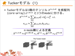 Tuckerモデル (1)
• Tuckerモデルは3階のテンソル
  (core-array)
                          を核配列
               と3つのmodeに分ける．




         n-mode積による定義
            WIREs Data Mining and Knowledge Discovery                       Applications of tensor (multiway array) factorizations and decomp



                                                                                      multiplication by orthogonal/orthon
                                                                                      Q, R, and S. Using the n-mode m
                                                                                      Kronecker product operation, the Tu
                                                                                      be written as
                                                                                                            X (1) ≈ AG(1) (C ⊗ B)
                                                                                                            X (2) ≈ B G(2) (C ⊗ A)
                                                                                                            X (3) ≈ CG(3) (B ⊗ A)
        F I G U R E 2 | Illustration of the Tucker model of a third-order tensor
        X . The model decomposes the tensor into loading matrices with a
                                                                                      The above decomposition for a third
        mode speciﬁc number of components as well as a core array                     also denoted a Tucker3 model, the
                                                                                      and Tucker1 models are given by
 