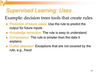 14
Supervised Learning: Uses
 Prediction of future cases: Use the rule to predict the
output for future inputs
 Knowledge extraction: The rule is easy to understand
 Compression: The rule is simpler than the data it
explains
 Outlier detection: Exceptions that are not covered by the
rule, e.g., fraud
Example: decision trees tools that create rules
 